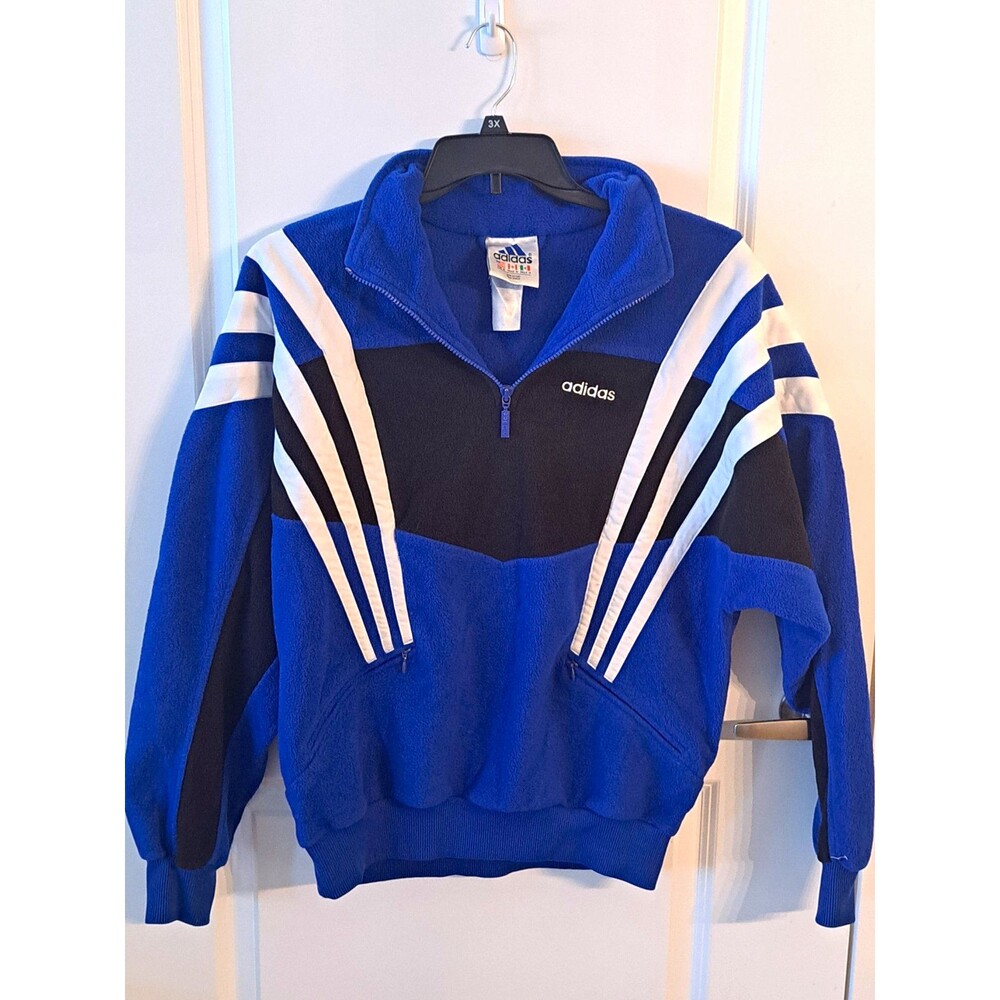 Vintage Adidas Fleece Pullover Jacket Mens M Blue Black White 3 Stripe 1/4 Zip